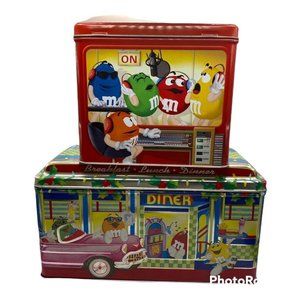 2 M&M's Christmas Village Series Tins # 20 Recoding Studio # 4 Diner